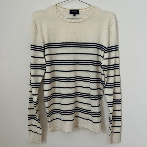 A.P.C. Womens Cream Black Stripe Crewneck 100% Wool Long Sweater Size M - Picture 1 of 12